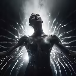 woman in body paint holding long wings