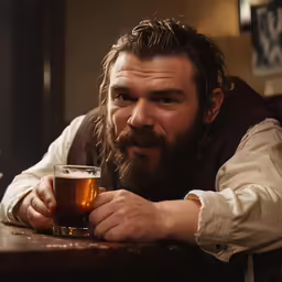 the man with long beard is holding a glass of beer