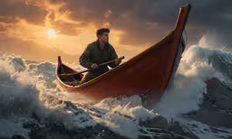 a man sitting on a boat surrounded by water,a man rowing a canoe on an ocean wave