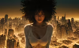 a woman in a city with an afro