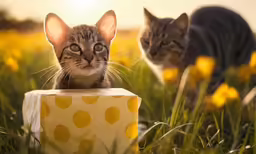 two cats in a grassy field look at something