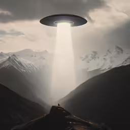 an aliens face hovering above a snowy mountain range