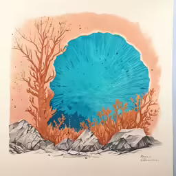 a print that shows a blue circle surrounded by rocks