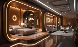 a modern bedroom features wooden panels and an upholstered area