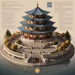 the chinese building is designed on the body of water