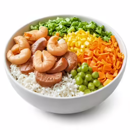 a white bowl filled with rice, peas and carrots