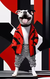 a dog dressed in red jacket and striped pants with its tongue out