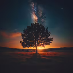 the sun peeking through a sky over a lone tree