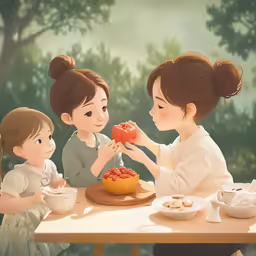 four little girls sitting around a table eating food