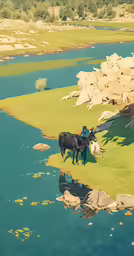 a man standing beside a couple of cows on a grass covered field next to water