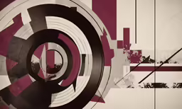 abstract artwork depicting a large circular object with geometric shapes