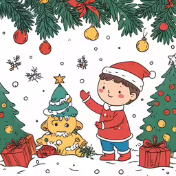 a little boy and some christmas trees