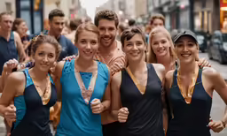 young smiling athletes posing with medals for their photographs