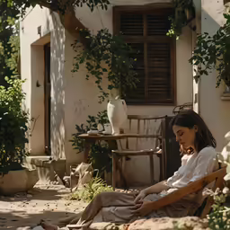 a woman is sitting outside on her phone