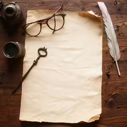a letter and an antique pair of eye glasses are next to an old quill pen