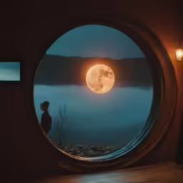 a person standing on top of a wooden floor looking out at a full moon