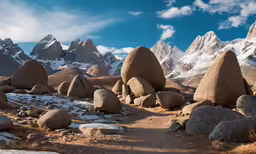 large boulders in the mountains with snow covered peaks
