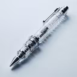 a crystal fountain pen laying upright on a gray surface
