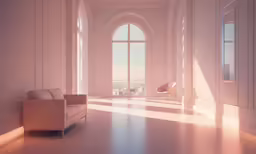 a room with a big window looking into the city