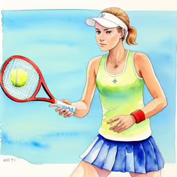 a painting of a woman holding a tennis racket and ball,a watercolor drawing of a young woman playing tennis,a drawing of a female tennis player holding a racket with a ball in her hand,a drawing of a woman tennis player, playing tennis,the woman is playing tennis on the court