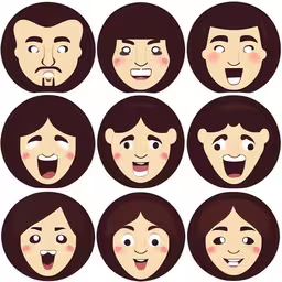 a set of eight cartoon faces of different people,a group of people with faces on the same face