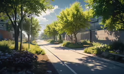 a street filled with lots of green trees next to bushes