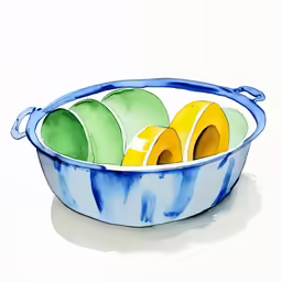a blue and white painted bowl filled with bowls