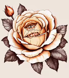 an old drawing of a rose with a broken center,a rose with leaves and an eye on it