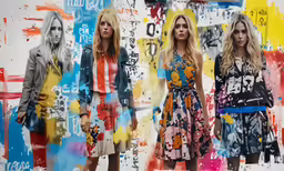 three beautiful young women wearing colorful dresses posing