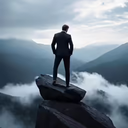 a man standing on top of a rock with his arms crossed and his hands folded