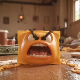 the strange looking face on the bag has its mouth open
