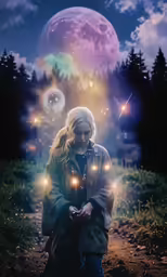 the woman is holding her hands together while lights shine in the sky