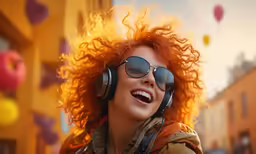 a woman with headphones and curly hair is laughing