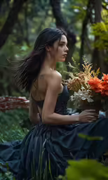 woman sitting in the woods with flowers next to her face