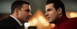 two men looking at each other in an animated image