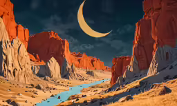 a desert area with a blue body of water under the moon