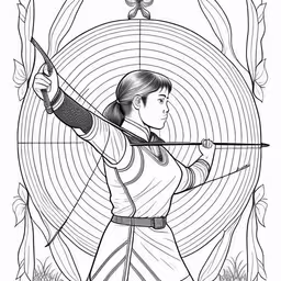 the person with bow aiming coloring page for the little adventurer,a drawing of a girl aiming with a bow,the girl aims an arrow at the target with her bow,a girl in an archer uniform aiming a bow,the girl is holding her bow and arrow with one hand