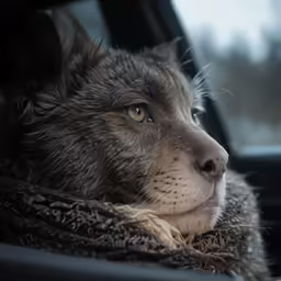 a dog looking out the window of a car