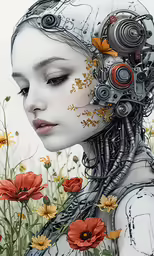 a surreal woman in a field with flowers