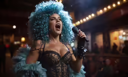 a woman with a blue wig is holding a microphone