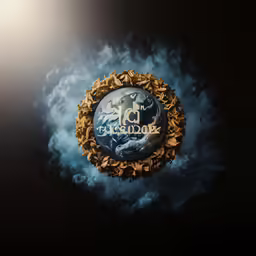 a planet with a gold frame around it is surrounded by clouds