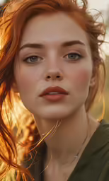 a girl with red hair is standing outside