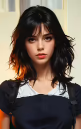 the young woman has bangs and an apron on