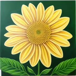 a painting of a yellow sunflower with green leaves,painting with yellow sunflower on green background