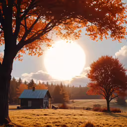 the sun is setting behind the farmhouse in autumn