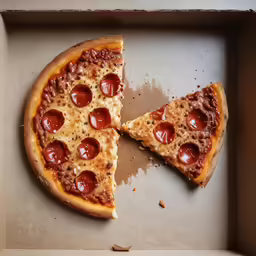 half a pizza sitting in a box, one slice missing