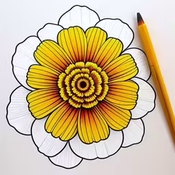a drawing of a flower next to a pencil,drawing a flower with pencils next to it,a drawing of a yellow flower with a pencil sitting on it,a drawing of an orange and white flower,a pencil on top of a paper drawing a yellow and white flower