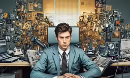 a man in a suit sitting at a desk covered with electronics