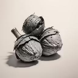 four large dried nuts in black and white