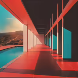 red walls line the sides of a building overlooking a pool